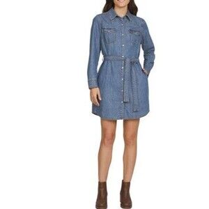 NWT Wrangler Denim Shirtdress Belted Waist Snap Front Dress | Blue